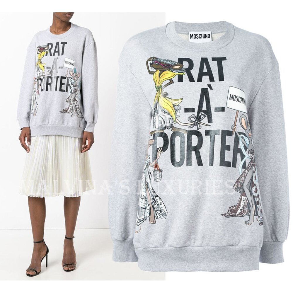 MOSCHINO SWEATSHIRT RAT A PORTER PRINT TOP GRAY COTTON sz IT 44 US 10